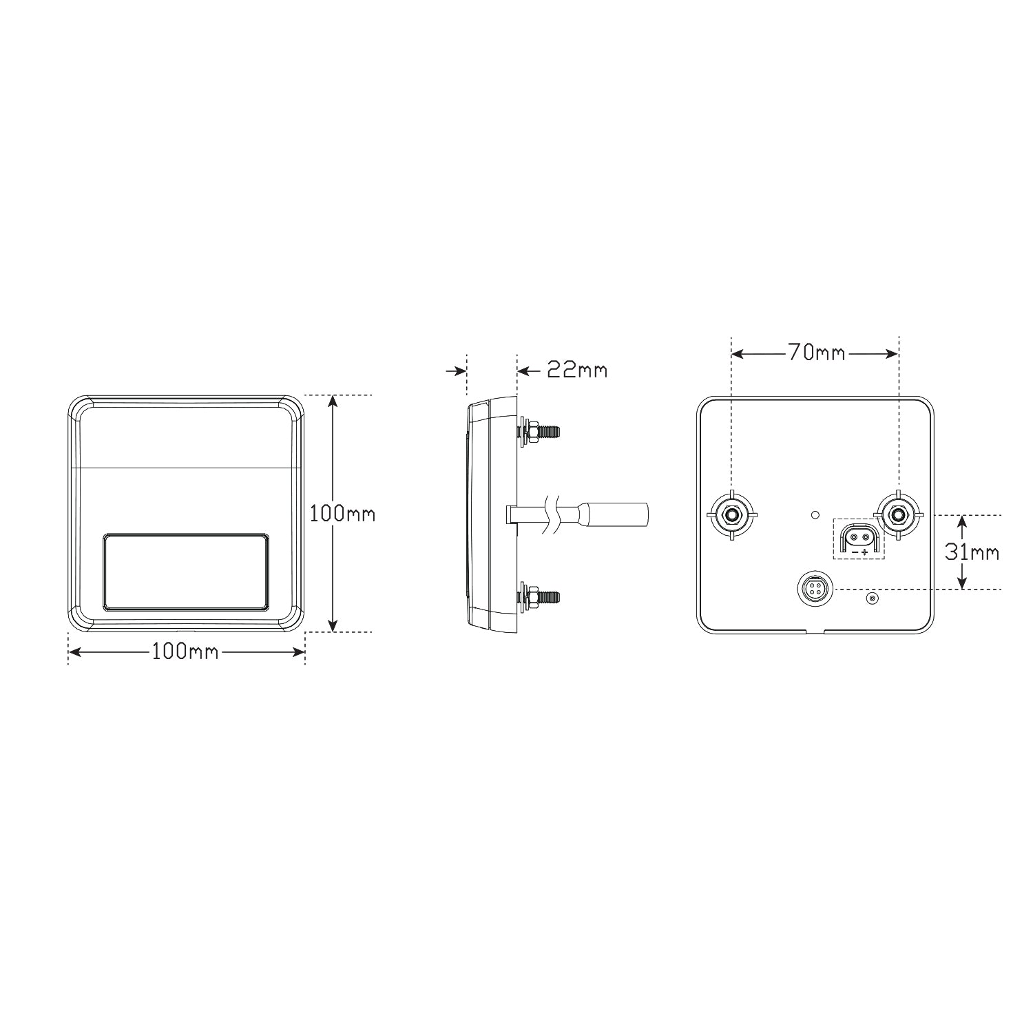 LED Autolamps 100ARM Premium Trailer Lamp, STOP/TAIL/INDICATOR  WITH REFLEX REFLECTOR 100mm x 100mm x 22mm