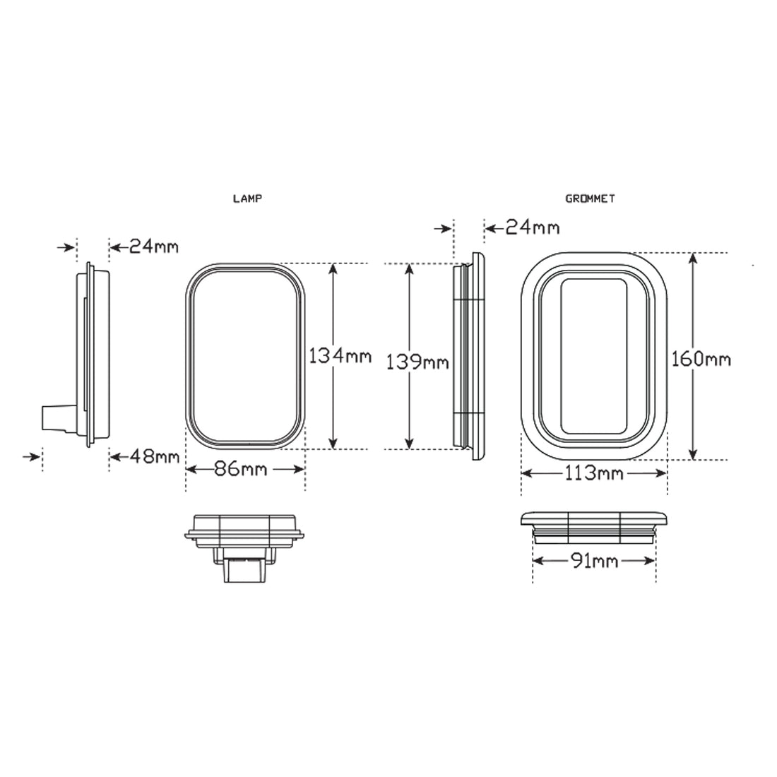 LED Autolamps 130RMG Rectangle Stop/Tail/Reflector Lamp with Grommet & 3 Pin Plug