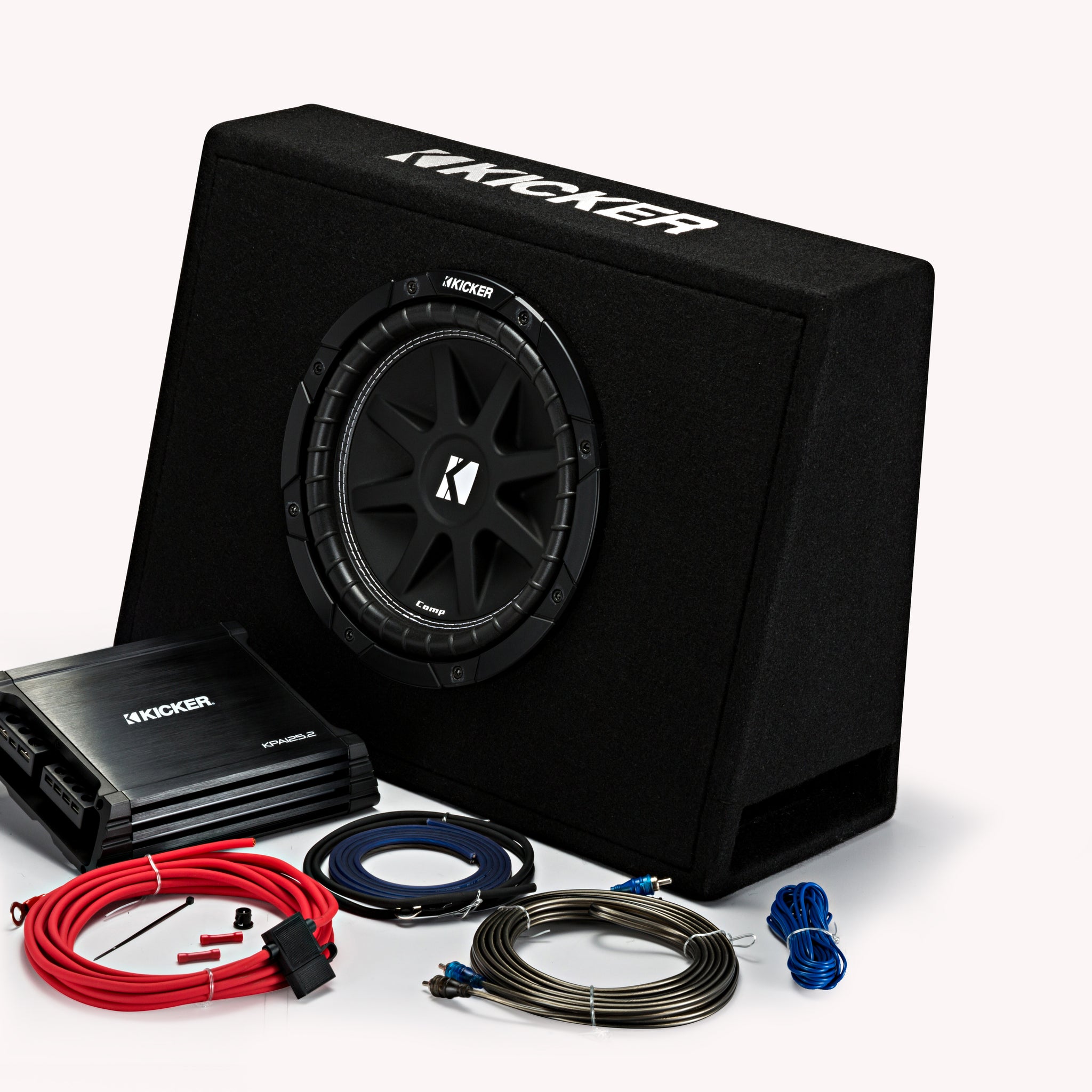 Kicker Slim line 10 inch Sub Enclosure with matching Amp and Wiring Kit - 44KKP210