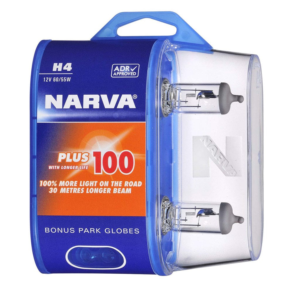 Narva 48872BL2 H4 12V 60/55W Plus 100 Longer Life Halogen Headlight Globes, Twin Pack