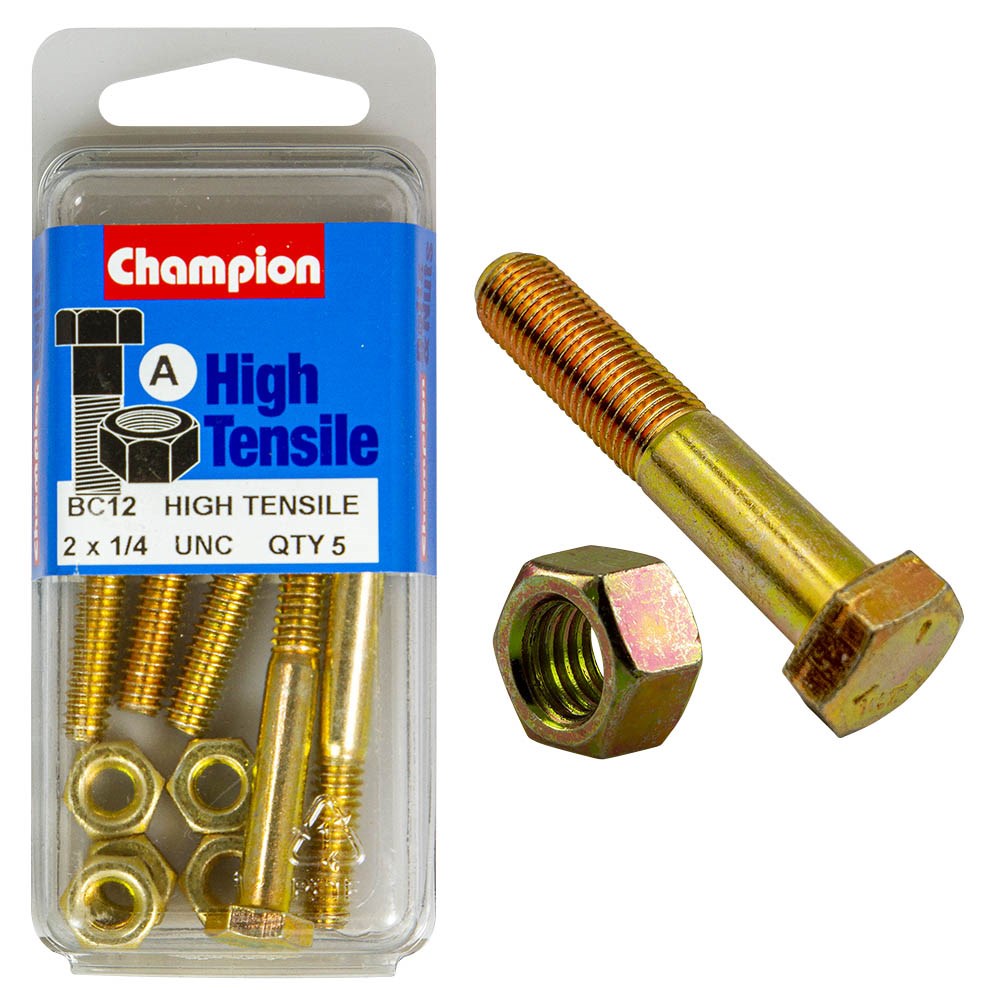 Champion Pack of 10 1/4" x 2" UNC High Tensile Grade 5, Zinc Plated Hex Bolts and Nuts - BC12