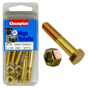 Champion Pack of 10 1/4" x 2" UNC High Tensile Grade 5, Zinc Plated Hex Bolts and Nuts - BC12