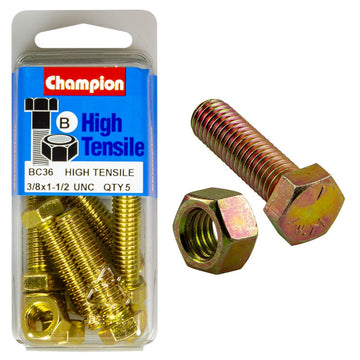 Champion Pack of 10 3/8" x 1-1/2" UNC High Tensile Grade 5, Zinc Plated Hex Set Screws and Nuts - BC36