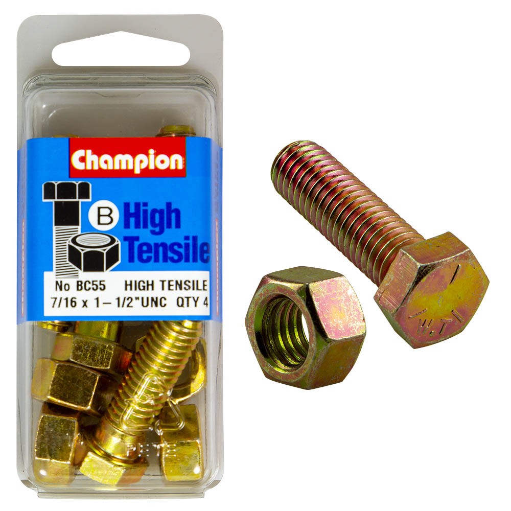 Champion Pack of 8 7/16" x 1-1/2" UNC High Tensile Grade 5, Zinc Plated Hex Bolts and Nuts - BC55