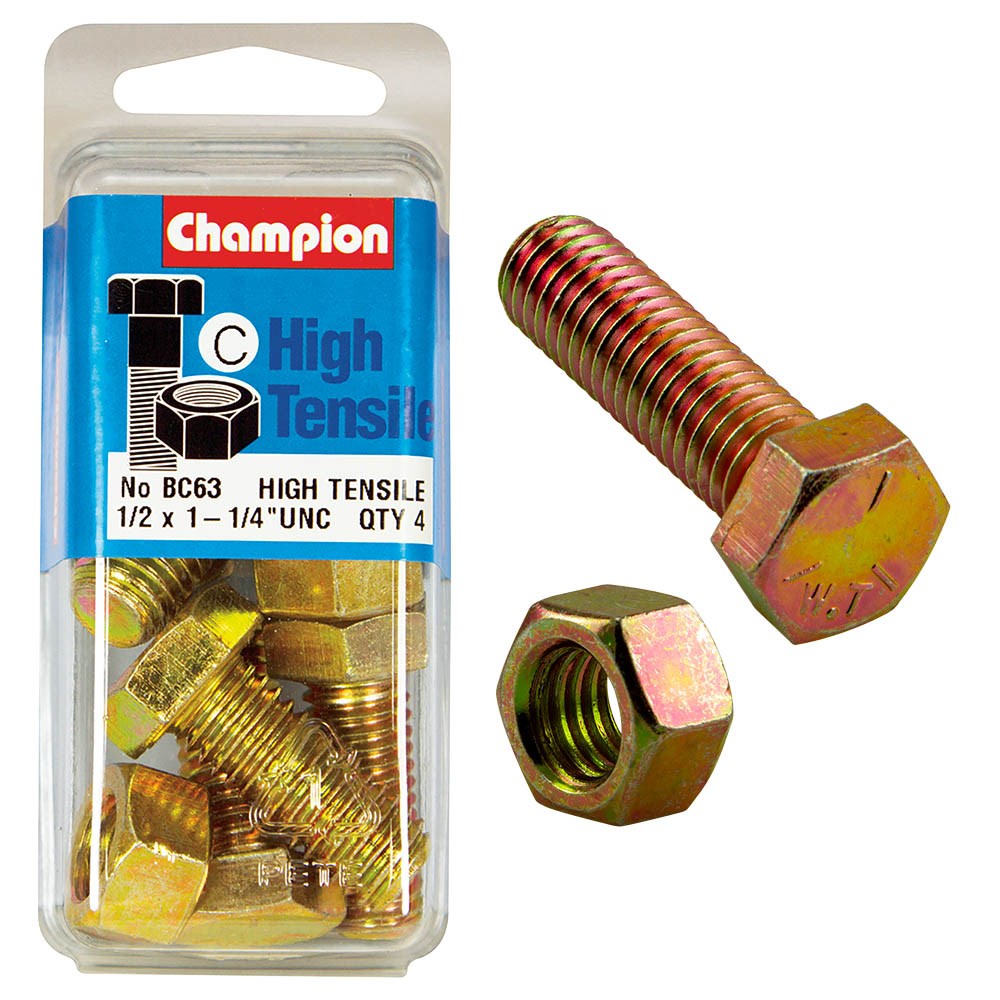 Champion Pack of 8 1/2" x 1-1/4" UNC High Tensile Grade 5, Zinc Plated Hex Set Screws and Nuts - BC63