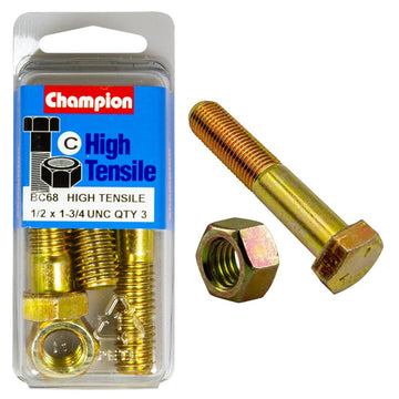 Champion Pack of 6 1/2" x 1-3/4" UNC High Tensile Grade 5, Zinc Plated Hex Bolts and Nuts - BC68