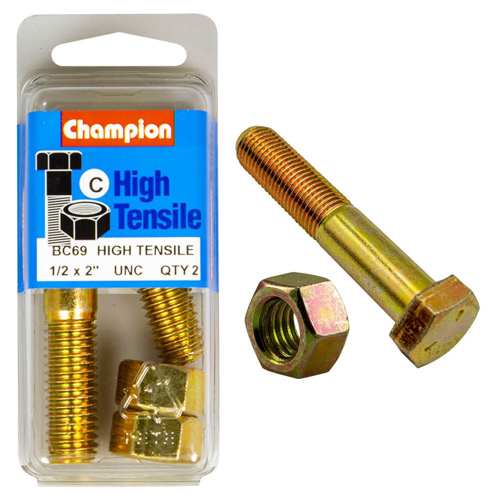 Champion Pack of 4 1/2" x 2" UNC High Tensile Grade 5, Zinc Plated Hex Bolts and Nuts - BC69