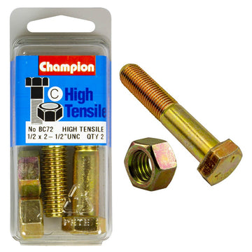 Champion Pack of 4 1/2" x 2-1/2" UNC High Tensile Grade 5, Zinc Plated Hex Bolts and Nuts - BC72