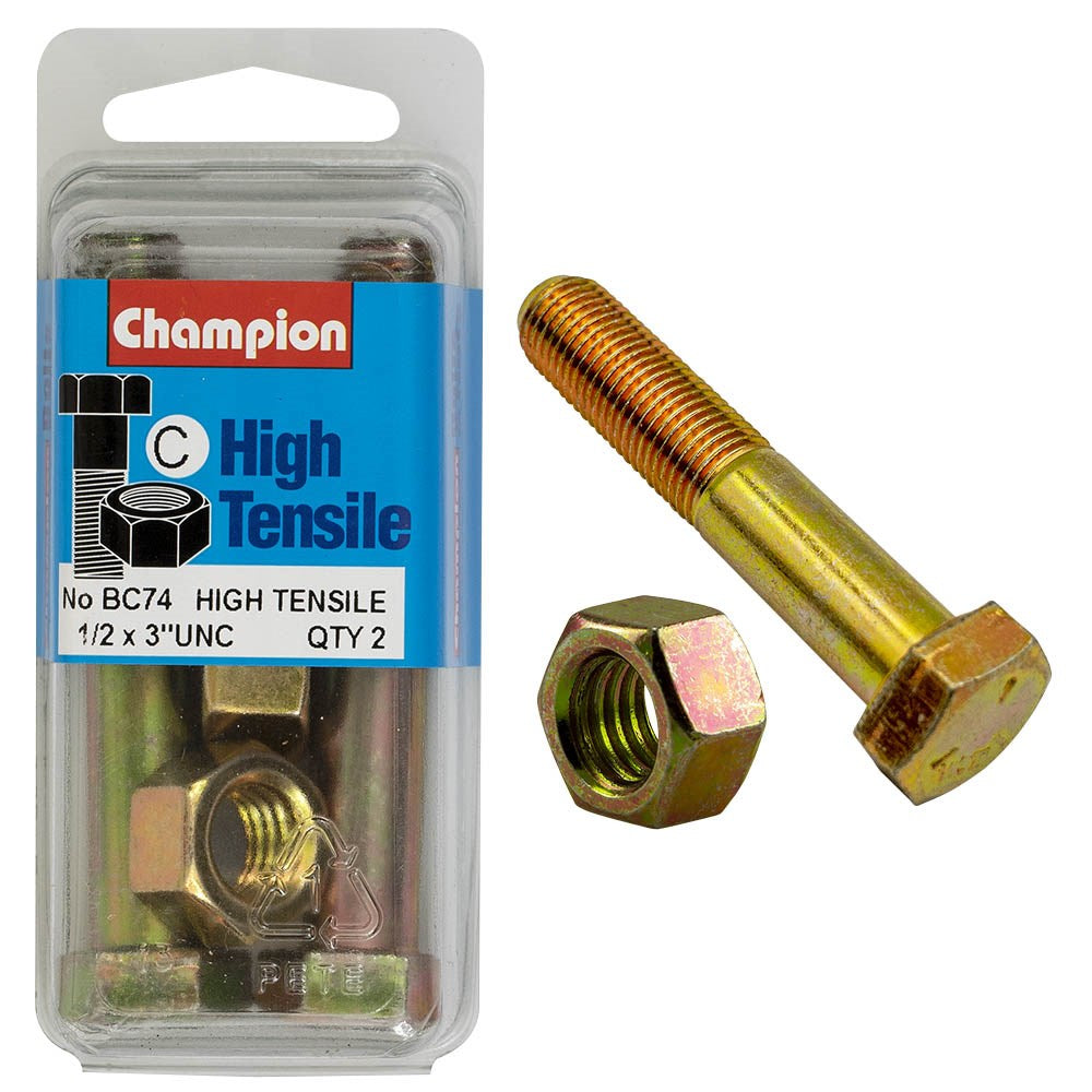 Champion Pack of 4 1/2" x 3" UNC High Tensile Grade 5, Zinc Plated Hex Bolts and Nuts - BC74