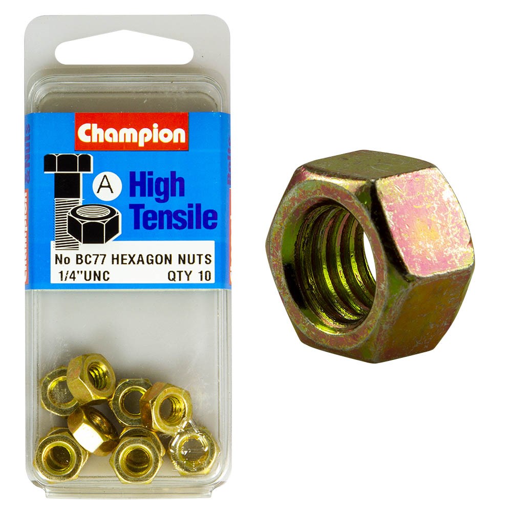 Champion Pack of 10 1/4 UNC High Tensile Grade 5, Zinc Plated Plain Hex Nuts - BC77