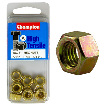 Champion Pack of 10 5/16 UNC High Tensile Grade 5, Zinc Plated Plain Hex Nuts - BC78