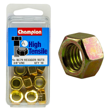 Champion Pack of 10 3/8 UNC High Tensile Grade 5, Zinc Plated Plain Hex Nuts - BC79