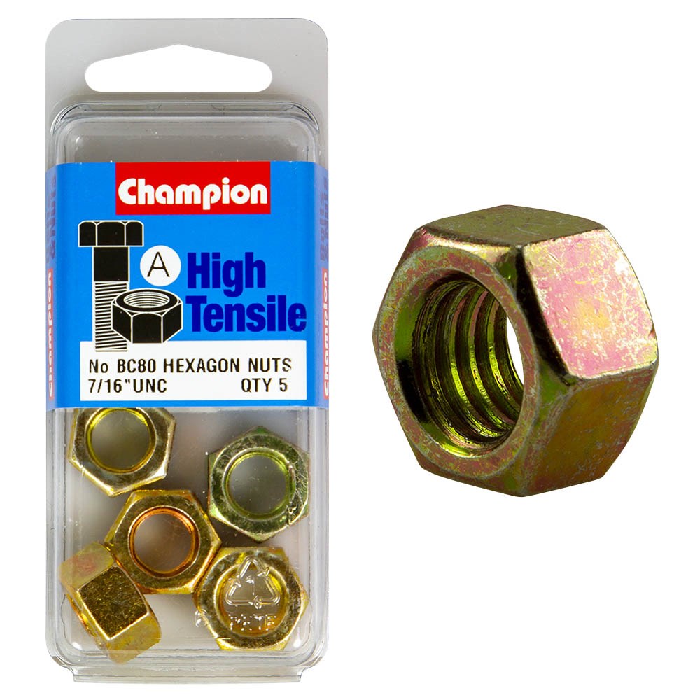 Champion Pack of 5 7/16 UNC High Tensile Grade 5, Zinc Plated Plain Hex Nuts - BC80