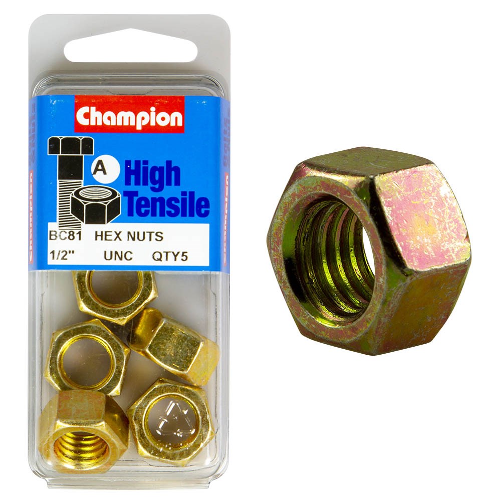 Champion Pack of 5 1/2 UNC High Tensile Grade 5, Zinc Plated Plain Hex Nuts - BC81