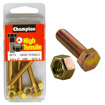 Champion Pack of 10 1/4" x 2" UNF High Tensile Grade 5, Zinc Plated Hex Set Screws and Nuts - BF11