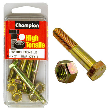 Champion Pack of 10 1/4" x 2" UNF High Tensile Grade 5, Zinc Plated Hex Bolts and Nuts - BF12