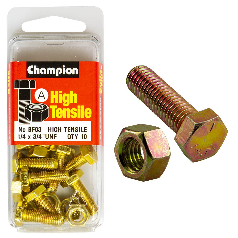 Champion Pack of 20 1/4" x 3/4" UNF High Tensile Grade 5, Zinc Plated Hex Set Screws and Nuts - BF3