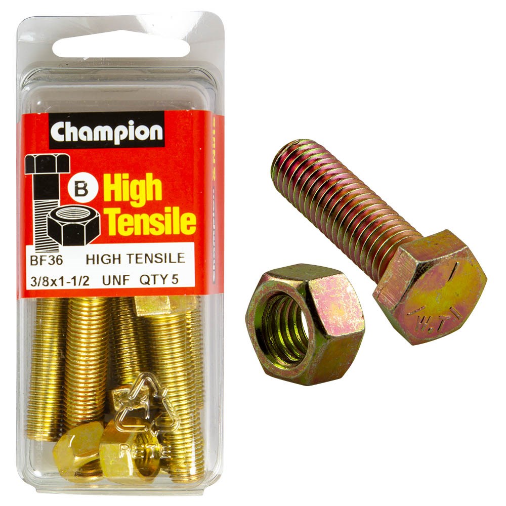 Champion Pack of 10 3/8" x 1-1/2" UNF High Tensile Grade 5, Zinc Plated Hex Set Screws and Nuts - BF36