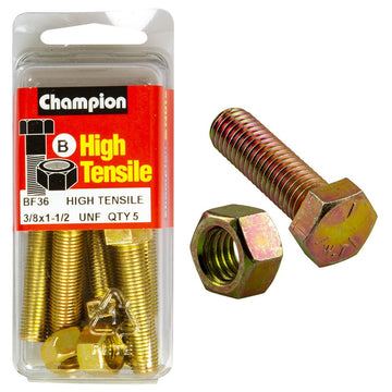 Champion Pack of 10 3/8" x 1-1/2" UNF High Tensile Grade 5, Zinc Plated Hex Set Screws and Nuts - BF36