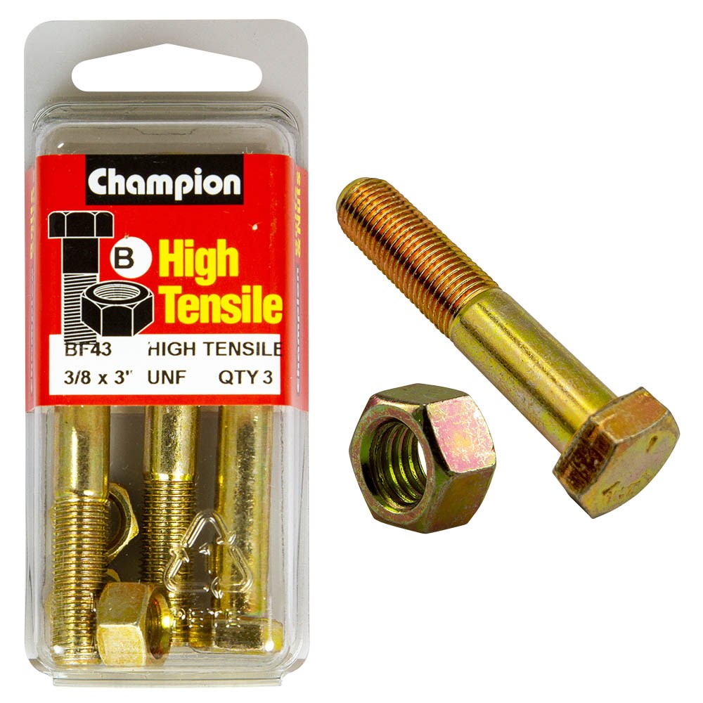 Champion Pack of 6 3/8" x 3" UNF High Tensile Grade 5, Zinc Plated Hex Bolts and Nuts - BF43