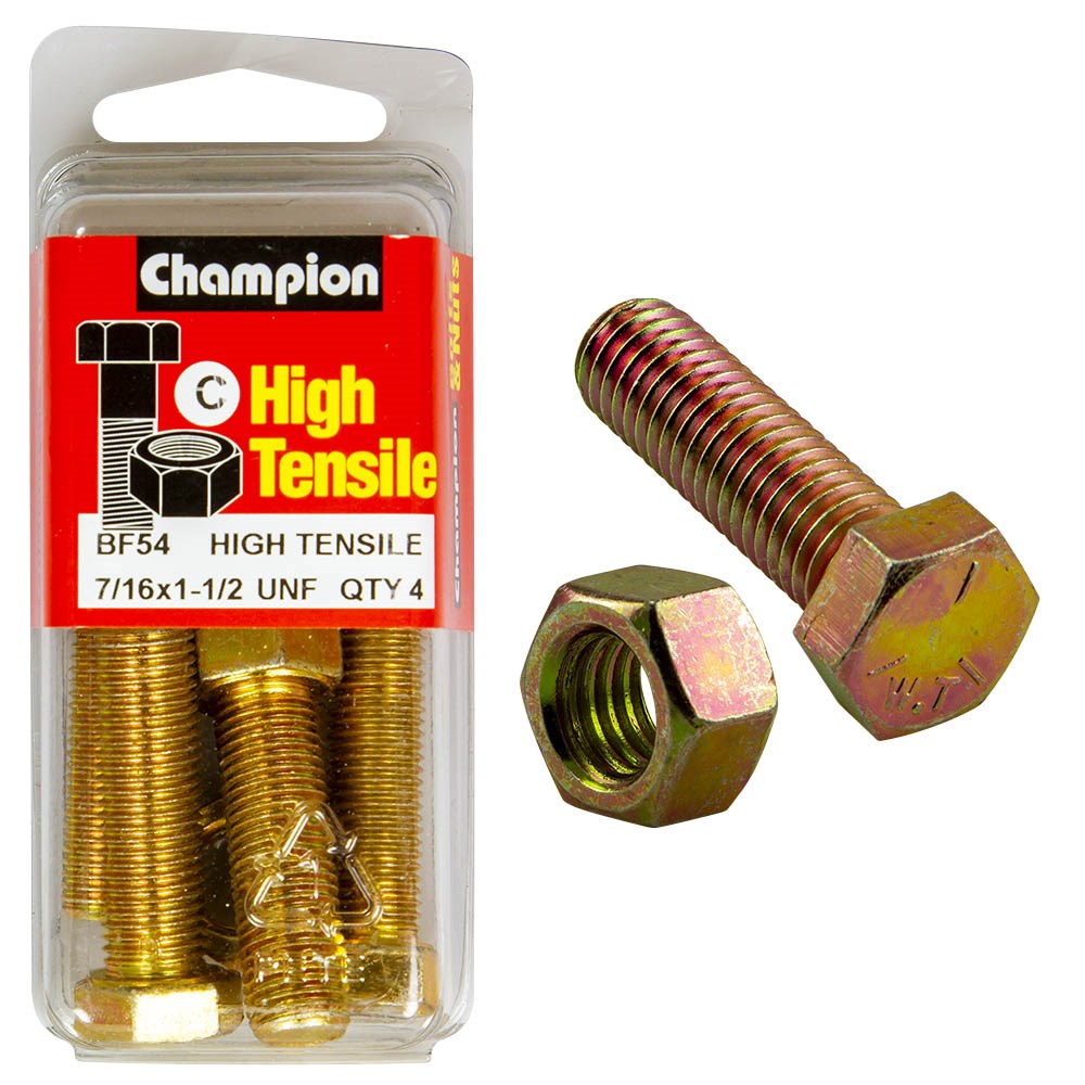 Champion Pack of 8 7/16" x 1-1/2" UNF High Tensile Grade 5, Zinc Plated Hex Set Screws and Nuts - BF54