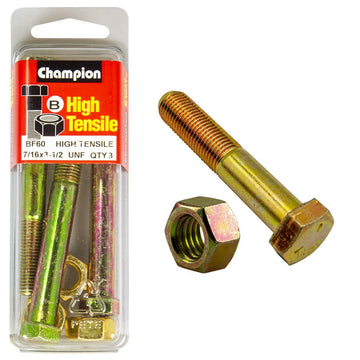 Champion Pack of 6 7/16" x 3-1/2" UNF High Tensile Grade 5, Zinc Plated Hex Bolts and Nuts - BF60