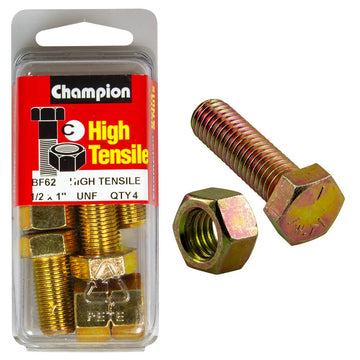 Champion Pack of 8 1/2" x 1" UNF High Tensile Grade 5, Zinc Plated Hex Set Screws and Nuts - BF62