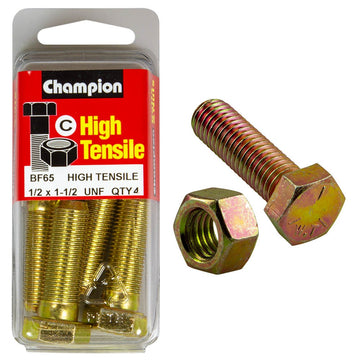 Champion Pack of 8 1/2" x 1-1/2" UNF High Tensile Grade 5, Zinc Plated Hex Bolts and Nuts - BF65