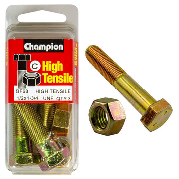 Champion Pack of 6 1/2" x 1-3/4" UNF High Tensile Grade 5, Zinc Plated Hex Bolts and Nuts - BF68