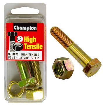 Champion Pack of 4 1/2" x 2-1/2" UNF High Tensile Grade 5, Zinc Plated Hex Bolts and Nuts - BF72