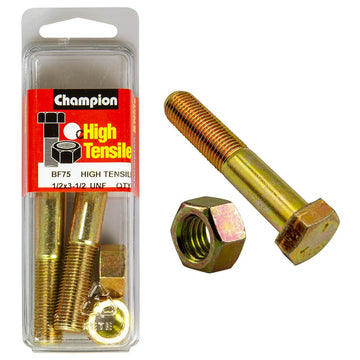 Champion Pack of 4 1/2" x 3-1/2" UNF High Tensile Grade 5, Zinc Plated Hex Bolts and Nuts - BF75