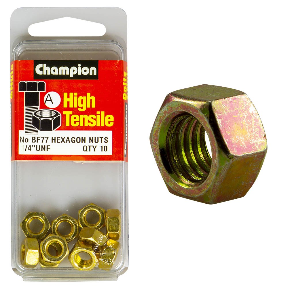 Champion Pack of 10 1/4 UNF High Tensile Grade 5, Zinc Plated Plain Hex Nuts - BF77