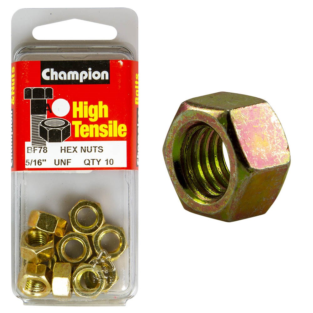 Champion Pack of 10 5/16 UNF High Tensile Grade 5, Zinc Plated Plain Hex Nuts - BF78