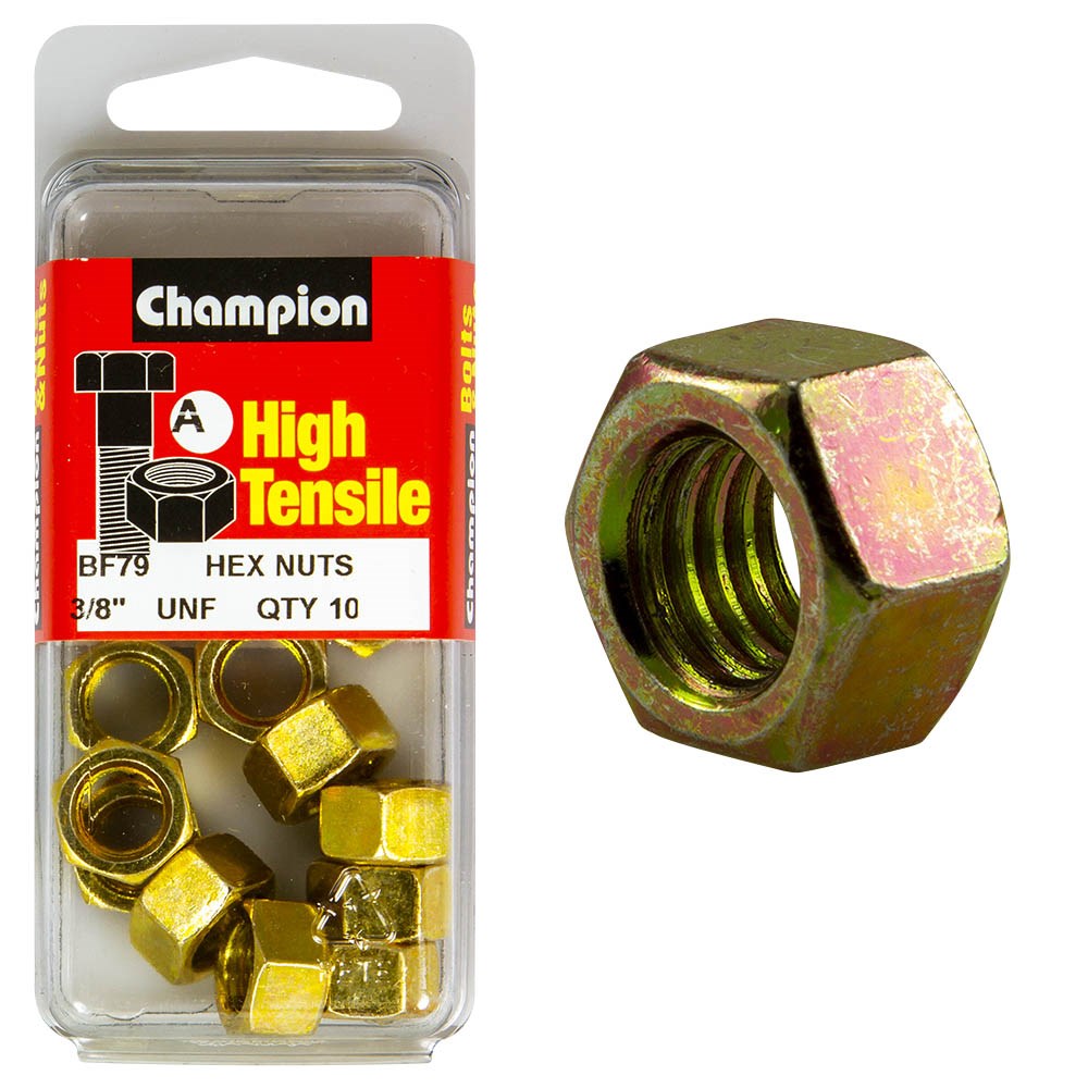 Champion Pack of 10 3/8 UNF High Tensile Grade 5, Zinc Plated Plain Hex Nuts - BF79