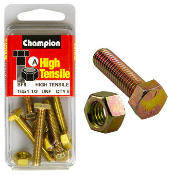 Champion Pack of 10 1/4" x 1-1/2" UNF High Tensile Grade 5, Zinc Plated Hex Set Screws and Nuts - BF8