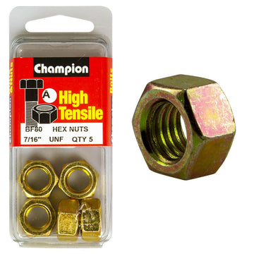 Champion Pack of 5 7/16 UNF High Tensile Grade 5, Zinc Plated Plain Hex Nuts - BF80