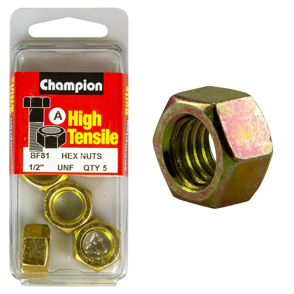 Champion Pack of 5 1/2 UNF High Tensile Grade 5, Zinc Plated Plain Hex Nuts - BF81