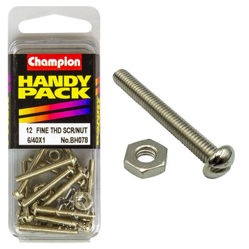 Champion Pack of 24  6/40" x 1" Nickel Plated, Slotted Pan Head Machine Screws and Nuts - BH078