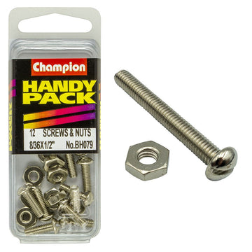 Champion Pack of 24 8/36" x 1/2" Nickel Plated, Slotted Pan Head Machine Screws and Nuts - BH079