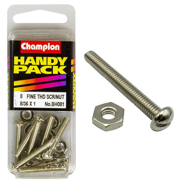 Champion Pack of 16 8/36" x 1" Nickel Plated, Slotted Pan Head Machine Screws and Nuts - BH081