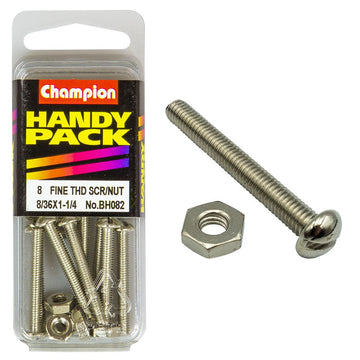 Champion Pack of 16 8/36" x 1-1/4" Nickel Plated, Slotted Pan Head Machine Screws and Nuts - BH082