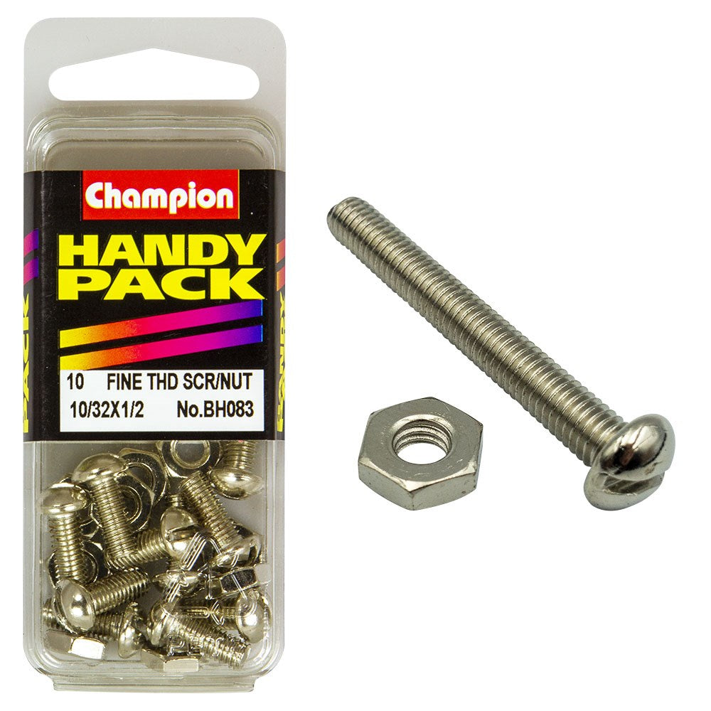 Champion Pack of 20 10/32" x 1/2" Nickel Plated, Slotted Pan Head Machine Screws and Nuts - BH083