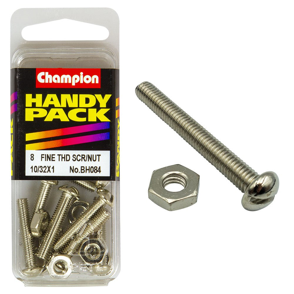 Champion Pack of 16 10/32" x 1" Nickel Plated, Slotted Pan Head Machine Screws and Nuts - BH084