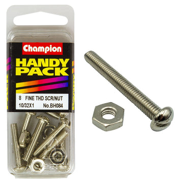 Champion Pack of 16 10/32" x 1" Nickel Plated, Slotted Pan Head Machine Screws and Nuts - BH084