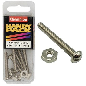 Champion Pack of 12 10/32" x 1-1/4" Nickel Plated, Slotted Pan Head Machine Screws and Nuts - BH085