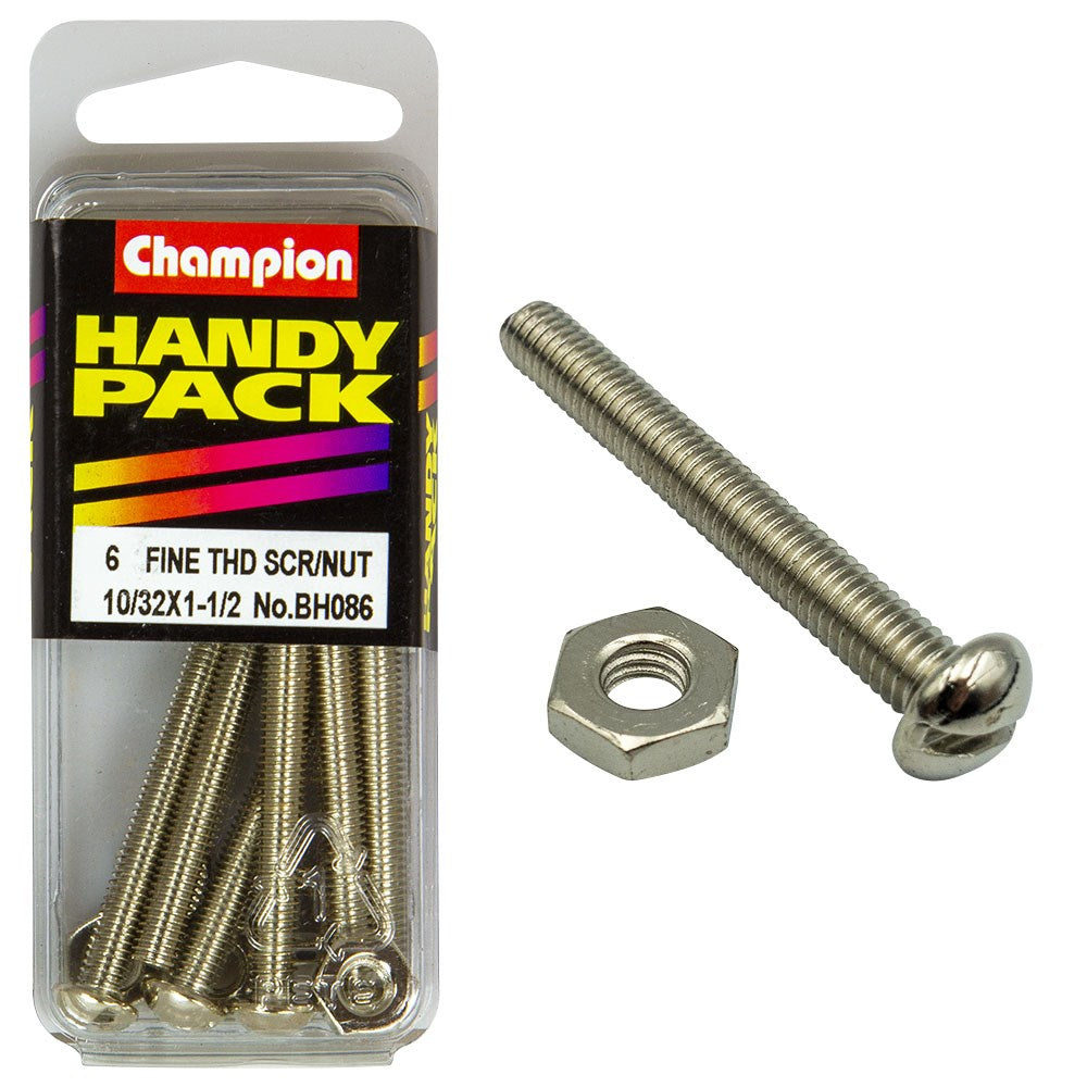 Champion Pack of 12 10/32" x 1-1/2" Nickel Plated, Slotted Pan Head Machine Screws and Nuts - BH086