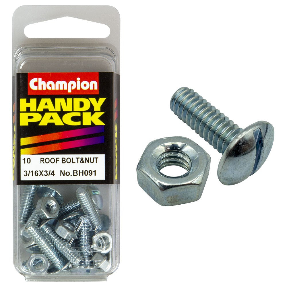 Champion Pack of 20 3/16" x 3/4" UNC Zinc Plated, Slotted Mushroom Head Roofing Bolts and Nuts - BH091