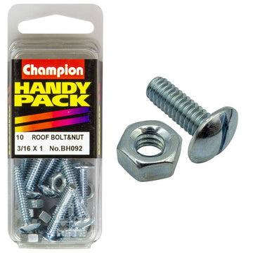 Champion Pack of 20 3/16" x 1" UNC Zinc Plated, Slotted Mushroom Head Roofing Bolts and Nuts - BH092