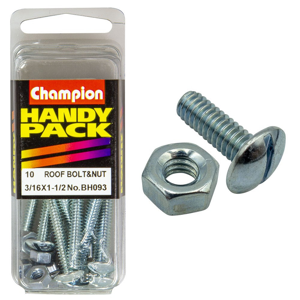 Champion Pack of 20 3/16" x 1-1/2" UNC Zinc Plated, Slotted Mushroom Head Roofing Bolts and Nuts - BH093