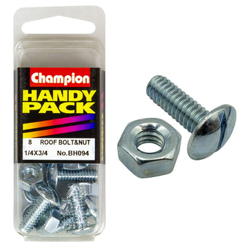 Champion Pack of 16 1/4" x 3/4" UNC Zinc Plated, Slotted Mushroom Head Roofing Bolts and Nuts - BH094